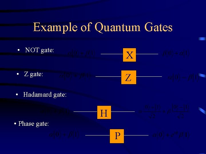 Example of Quantum Gates • NOT gate: X • Z gate: Z • Hadamard