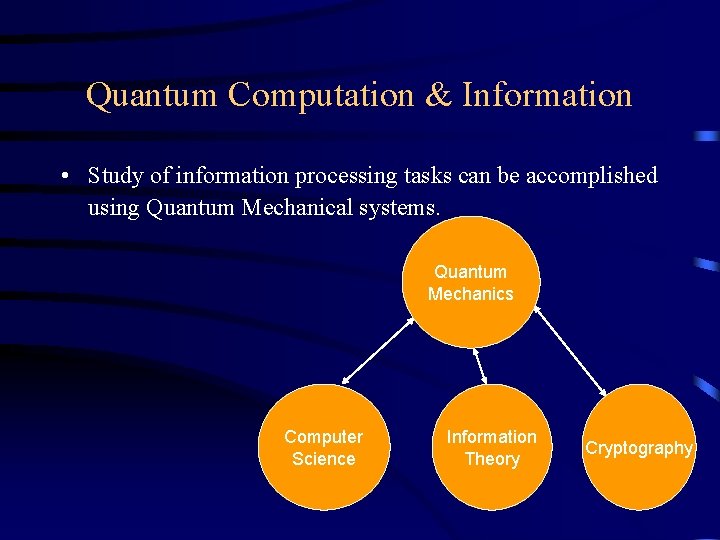 Quantum Computation & Information • Study of information processing tasks can be accomplished using