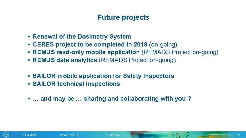 Future projects • • Renewal of the Dosimetry System CERES project to be completed