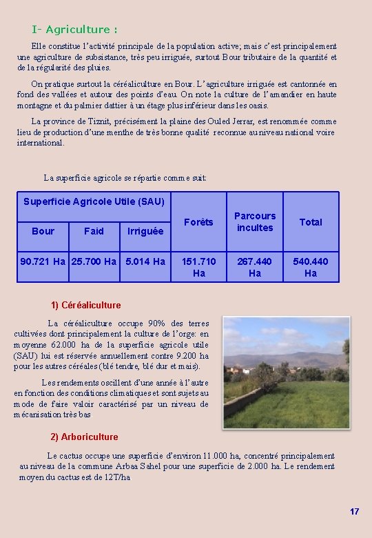 I- Agriculture : Elle constitue l’activité principale de la population active; mais c’est principalement