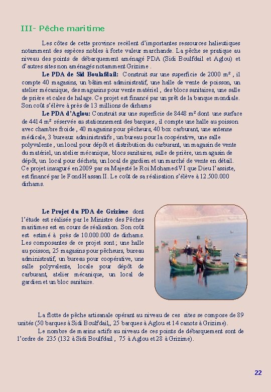 III- Pêche maritime Les côtes de cette province recèlent d’importantes ressources halieutiques notamment des