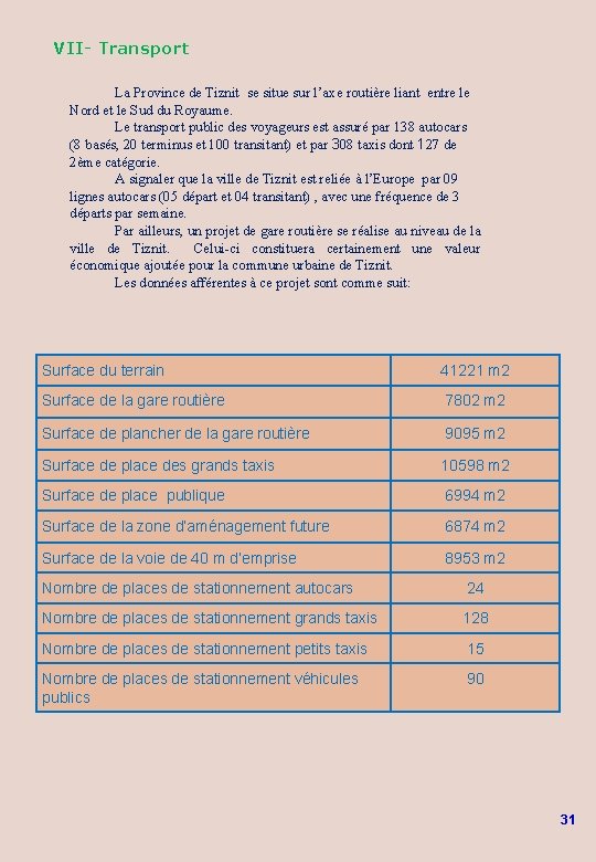 VII- Transport La Province de Tiznit se situe sur l’axe routière liant entre le