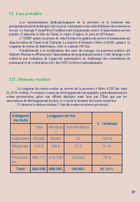 II. Eau potable Les caractéristiques hydrogéologiques de la province et la faiblesse des précipitations