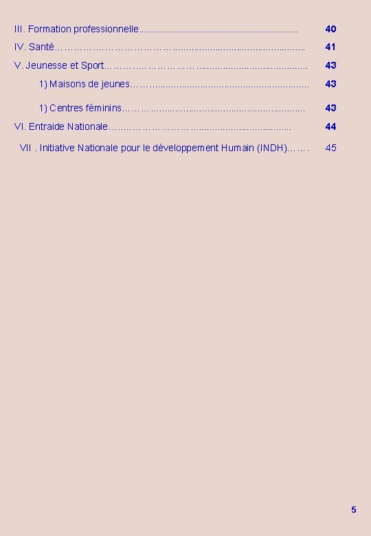 III. Formation professionnelle. . . . 40 IV. Santé…………. . . 41 V. Jeunesse