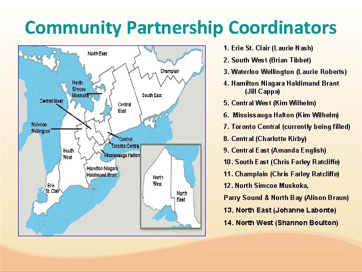 Community Partnership Coordinators 1. Erie St. Clair (Laurie Nash) 2. South West (Brian Tibbet)