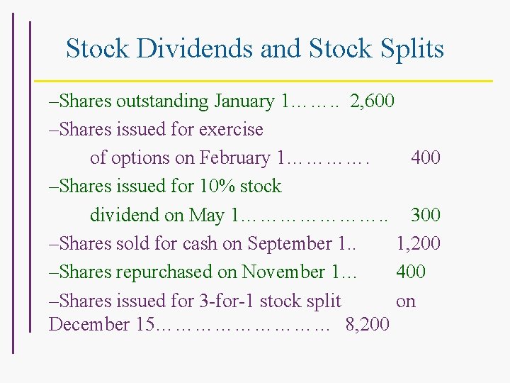 Stock Dividends and Stock Splits –Shares outstanding January 1……. . 2, 600 –Shares issued