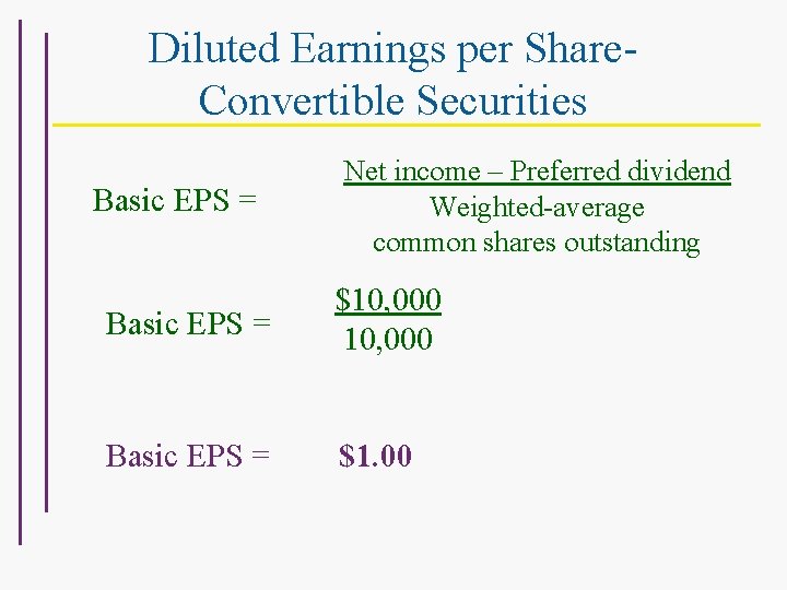 Diluted Earnings per Share. Convertible Securities Basic EPS = Net income – Preferred dividend