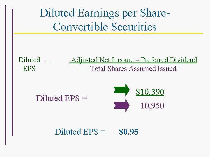 Diluted Earnings per Share. Convertible Securities Diluted = EPS Adjusted Net Income – Preferred