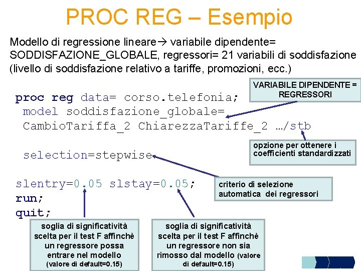 PROC REG – Esempio Modello di regressione lineare variabile dipendente= SODDISFAZIONE_GLOBALE, regressori= 21 variabili