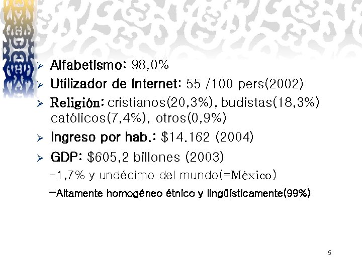 Ø Alfabetismo: 98, 0% Utilizador de Internet: 55 /100 pers(2002) Religión: cristianos(20, 3%), budistas(18,