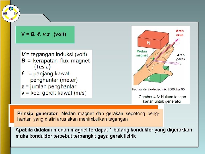 Apabila didalam medan magnet terdapat 1 batang konduktor yang digerakkan maka konduktor tersebut terbangkit