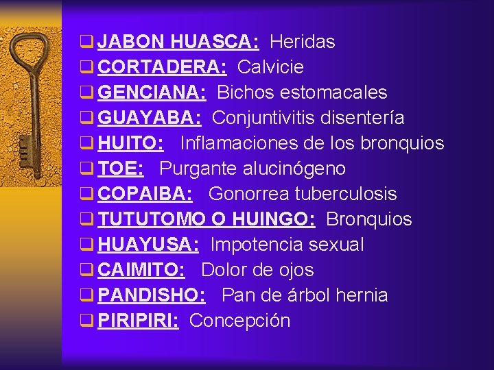 q JABON HUASCA: Heridas q CORTADERA: Calvicie q GENCIANA: Bichos estomacales q GUAYABA: Conjuntivitis