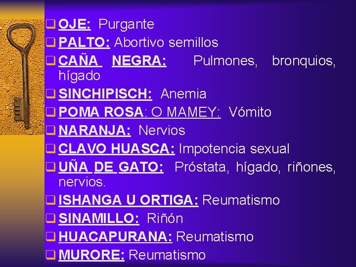 q OJE: Purgante q PALTO: Abortivo semillos q CAÑA NEGRA: Pulmones, bronquios, hígado q
