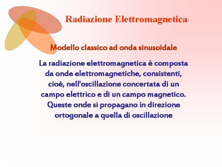 Radiazione Elettromagnetica Modello classico ad onda sinusoidale La radiazione elettromagnetica è composta da onde