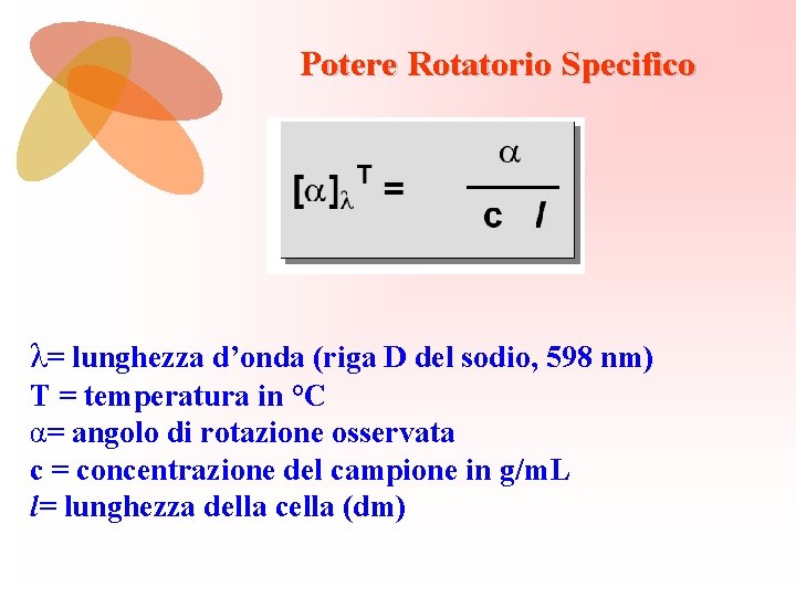 Potere Rotatorio Specifico λ= lunghezza d’onda (riga D del sodio, 598 nm) T =