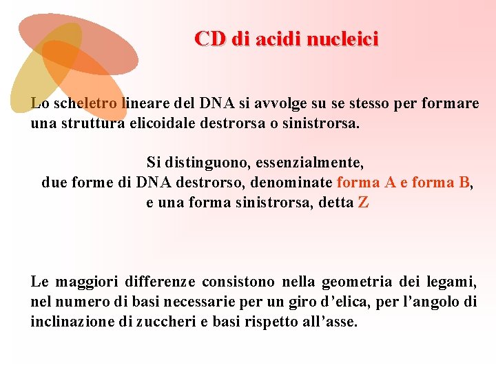 CD di acidi nucleici Lo scheletro lineare del DNA si avvolge su se stesso