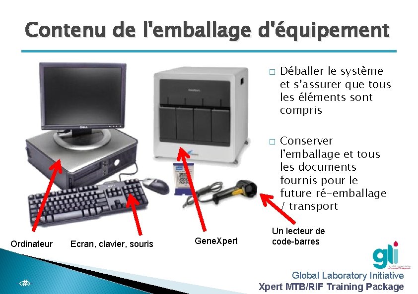 Contenu de l'emballage d'équipement � � Ordinateur -‹#›- Ecran, clavier, souris Gene. Xpert Déballer