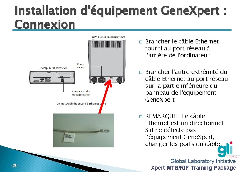 Installation d'équipement Gene. Xpert : Connexion � � � -‹#›- Brancher le câble Ethernet