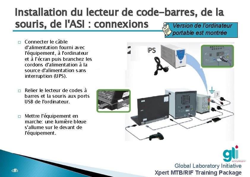 Installation du lecteur de code-barres, de la souris, de l'ASI : connexions Version de