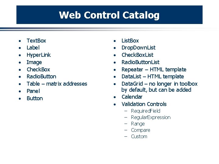 Web Control Catalog · · · · · Text. Box Label Hyper. Link Image