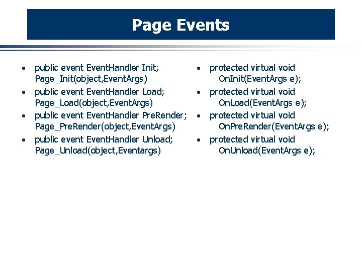 Page Events · · public event Event. Handler Init; Page_Init(object, Event. Args) public event