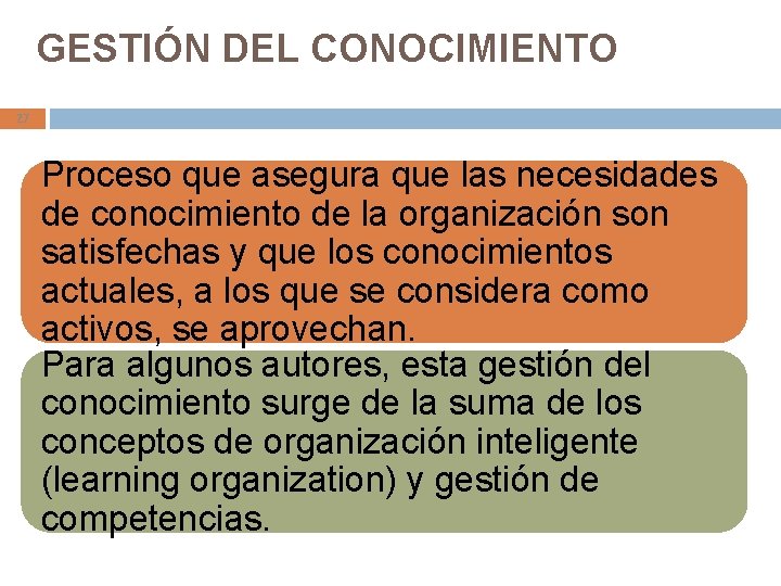 GESTIÓN DEL CONOCIMIENTO 27 Proceso que asegura que las necesidades de conocimiento de la