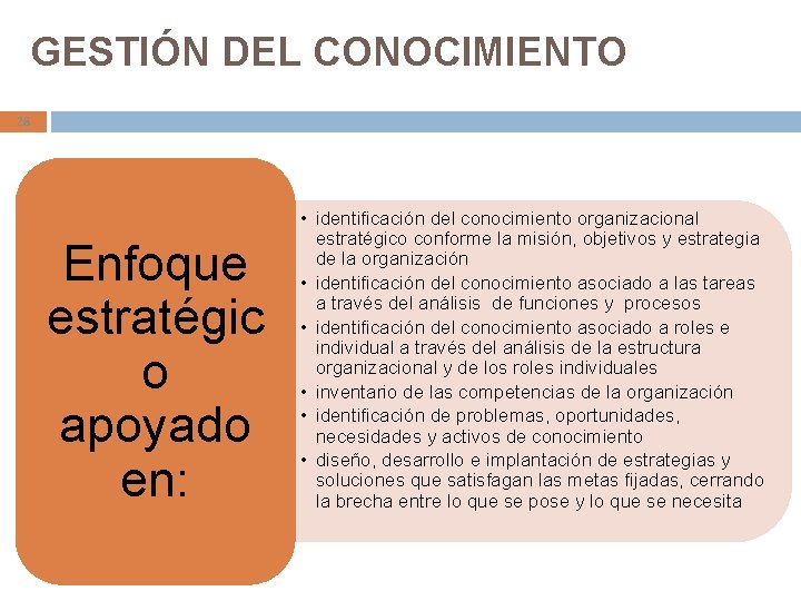 GESTIÓN DEL CONOCIMIENTO 28 Enfoque estratégic o apoyado en: • identificación del conocimiento organizacional