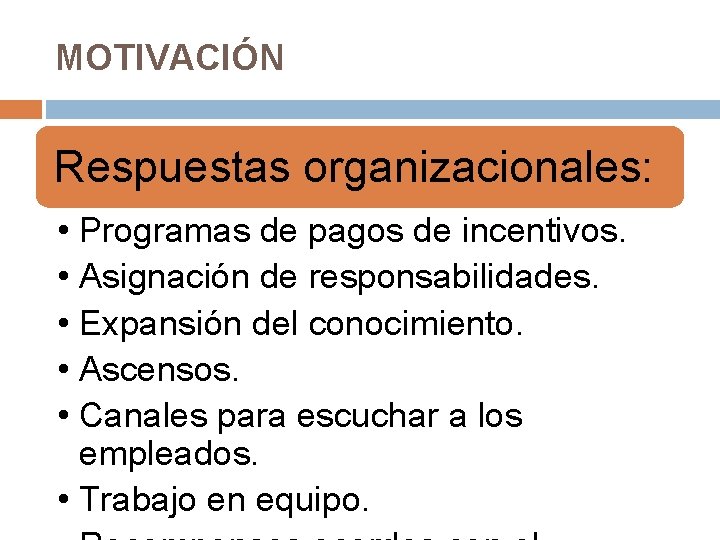 MOTIVACIÓN Respuestas organizacionales: • Programas de pagos de incentivos. • Asignación de responsabilidades. •