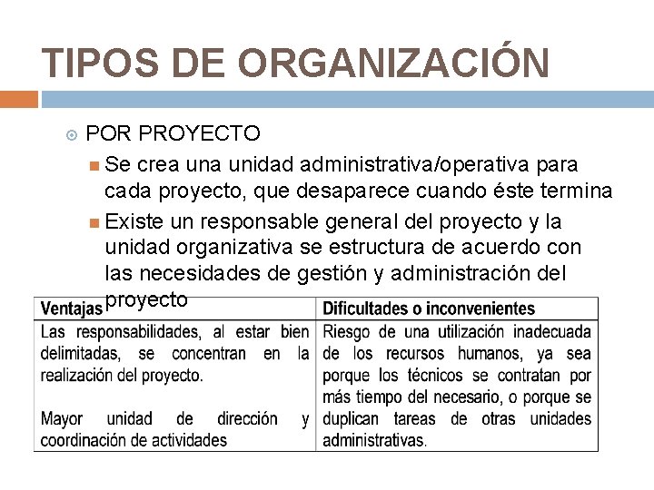 TIPOS DE ORGANIZACIÓN POR PROYECTO Se crea unidad administrativa/operativa para cada proyecto, que desaparece