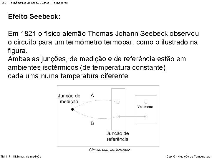 9. 3 - Termômetros de Efeito Elétrico - Termopares Efeito Seebeck: Em 1821 o
