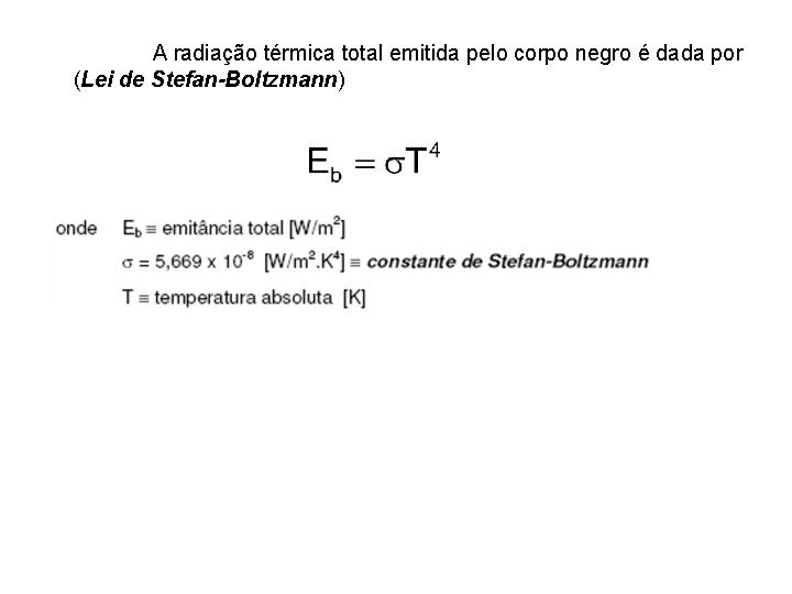 A radiação térmica total emitida pelo corpo negro é dada por (Lei de Stefan-Boltzmann)