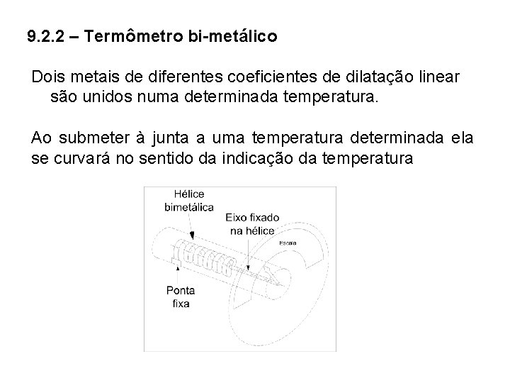9. 2. 2 – Termômetro bi-metálico Dois metais de diferentes coeficientes de dilatação linear