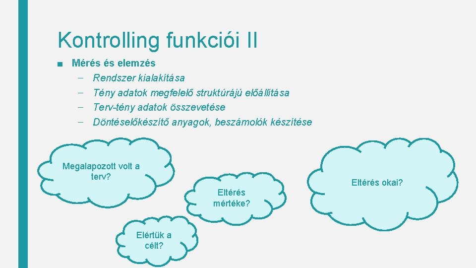 Kontrolling funkciói II ■ Mérés és elemzés – Rendszer kialakítása – Tény adatok megfelelő