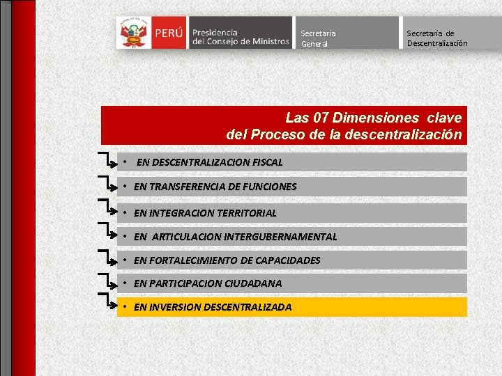 Secretaría General Secretaría de Descentralización Las 07 Dimensiones clave del Proceso de la descentralización