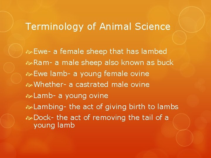 Terminology of Animal Science Ewe- a female sheep that has lambed Ram- a male