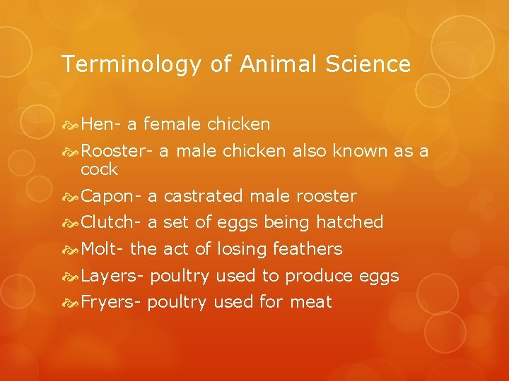 Terminology of Animal Science Hen- a female chicken Rooster- a male chicken also known