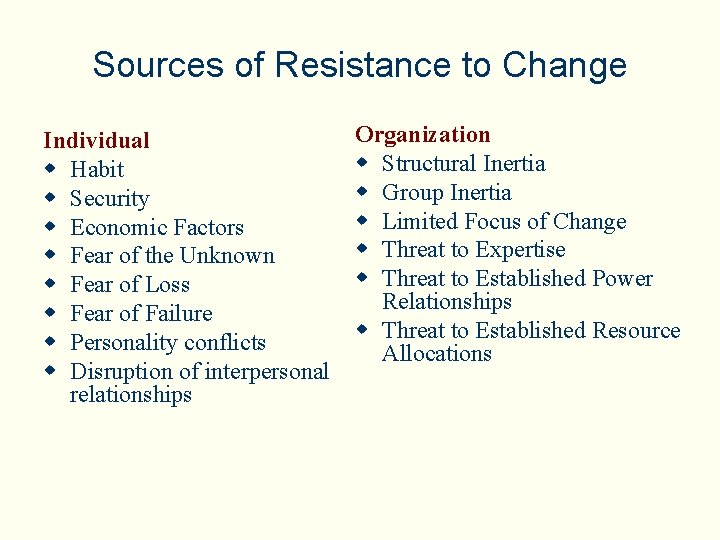 Sources of Resistance to Change Individual w Habit w Security w Economic Factors w