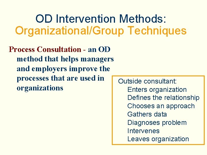 OD Intervention Methods: Organizational/Group Techniques Process Consultation - an OD method that helps managers