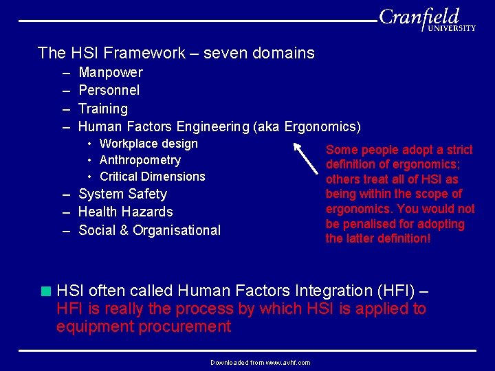 The HSI Framework – seven domains – – Manpower Personnel Training Human Factors Engineering