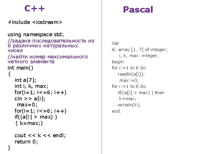 С++ Pascal #include <iostream> using namespace std; //задана последовательность из 6 различных натуральных чисел