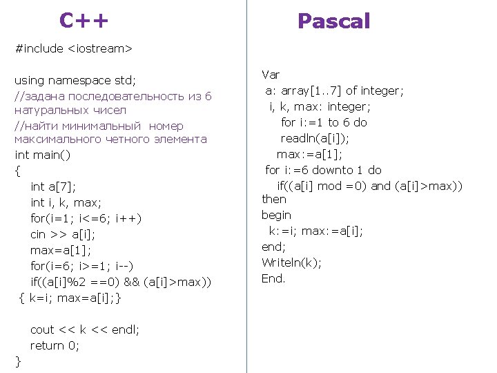 С++ Pascal #include <iostream> using namespace std; //задана последовательность из 6 натуральных чисел //найти