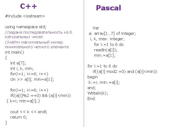 С++ Pascal #include <iostream> using namespace std; //задана последовательность из 6 натуральных чисел //найти