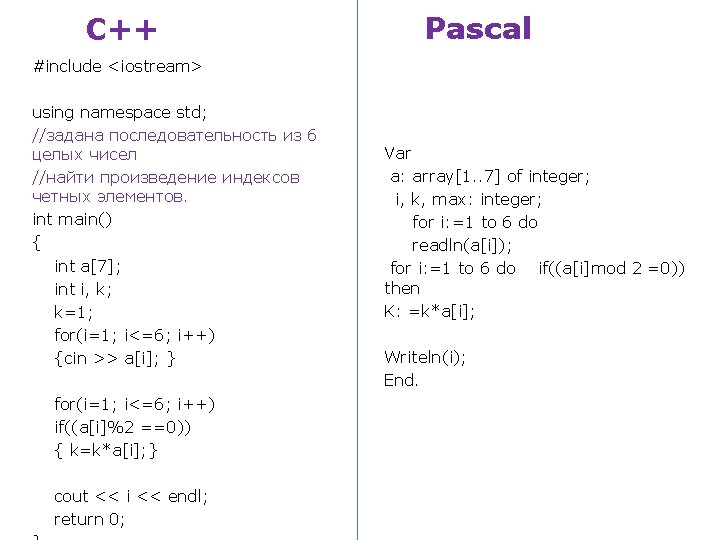 С++ Pascal #include <iostream> using namespace std; //задана последовательность из 6 целых чисел //найти