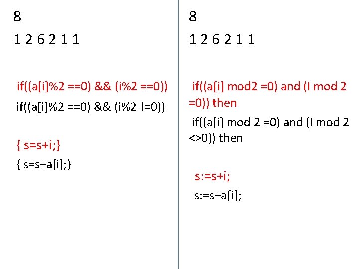 8 126211 if((a[i]%2 ==0) && (i%2 ==0)) if((a[i] mod 2 =0) and (I mod