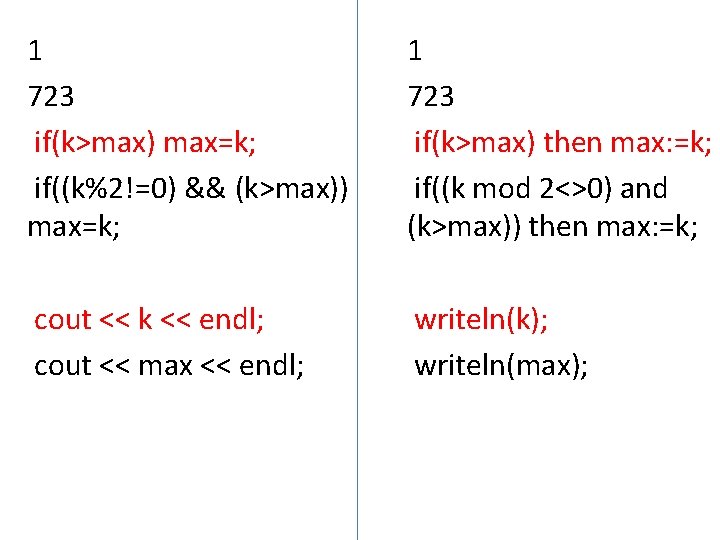 1 723 if(k>max) max=k; if((k%2!=0) && (k>max)) max=k; 1 723 if(k>max) then max: =k;