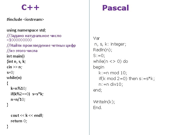 С++ Pascal #include <iostream> using namespace std; //Задано натуральное число <100000 //Найти произведение четных