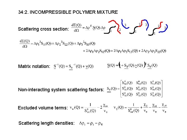 34: 2. INCOMPRESSIBLE POLYMER MIXTURE Scattering cross section: Matrix notation: Non-interacting system scattering factors: