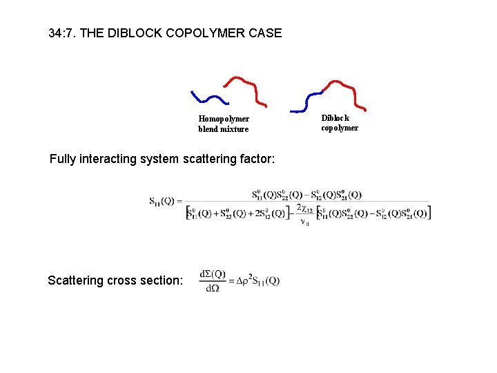 34: 7. THE DIBLOCK COPOLYMER CASE Homopolymer blend mixture Fully interacting system scattering factor: