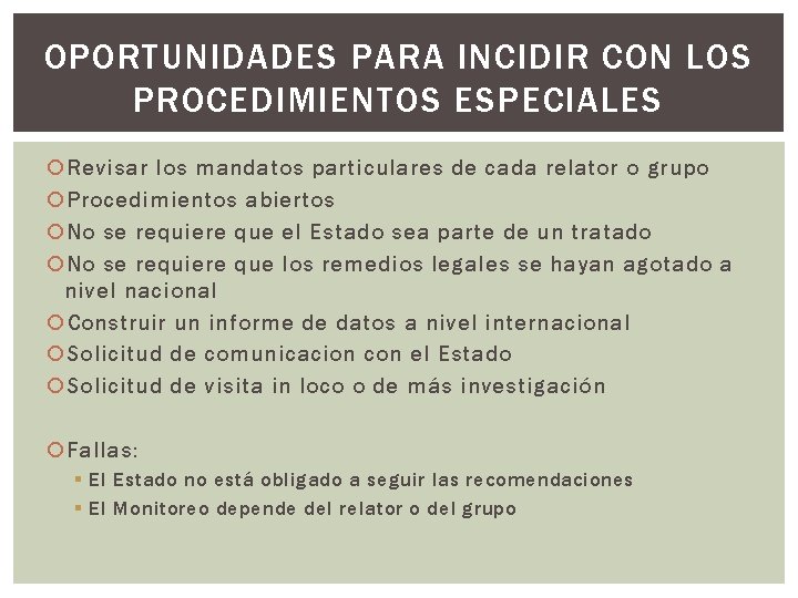OPORTUNIDADES PARA INCIDIR CON LOS PROCEDIMIENTOS ESPECIALES Revisar los mandatos particulares de cada relator