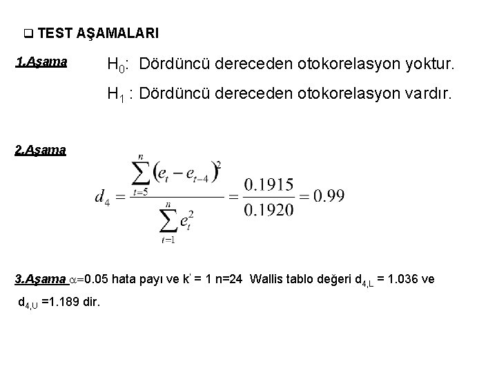 q TEST AŞAMALARI 1. Aşama H 0: Dördüncü dereceden otokorelasyon yoktur. H 1 : q TEST AŞAMALARI 1. Aşama H 0: Dördüncü dereceden otokorelasyon yoktur. H 1 :